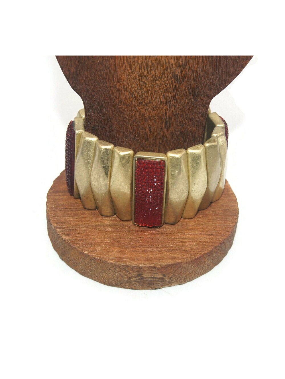 Vintage Gold Tone and Red Plastic 7 1/2 Inch Link Elastic Bracelet.